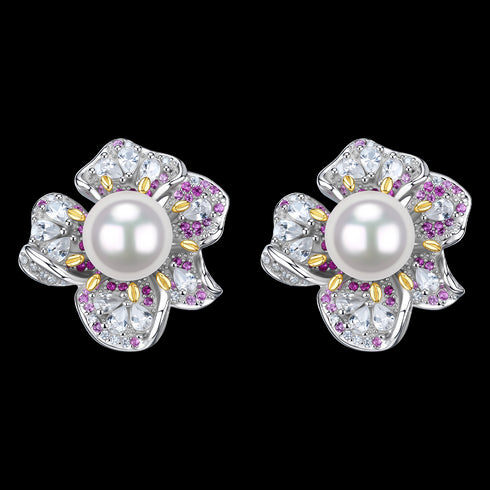 7-8mm Freshwater Pearl Zirconia Rose Earrings